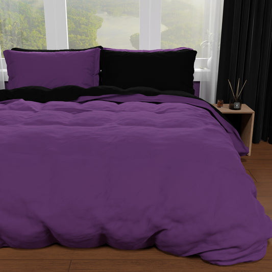 Housse de Couette Double, Housse de Couette et Taies d'Oreiller, Noir/Violet