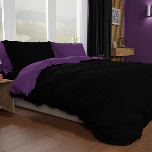 Housse de Couette Double, Housse de Couette et Taies d'Oreiller, Noir/Violet