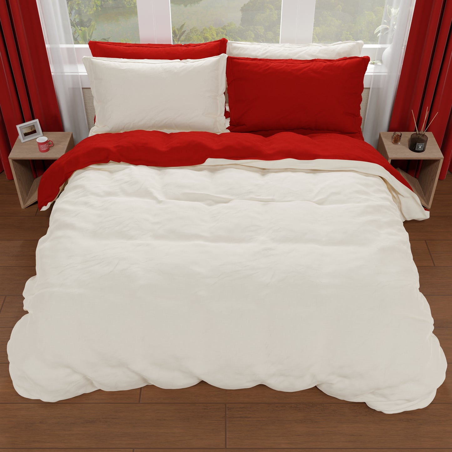 Housse de Couette Double, Housse de Couette et Taies d'Oreiller, Crème/Bordeaux