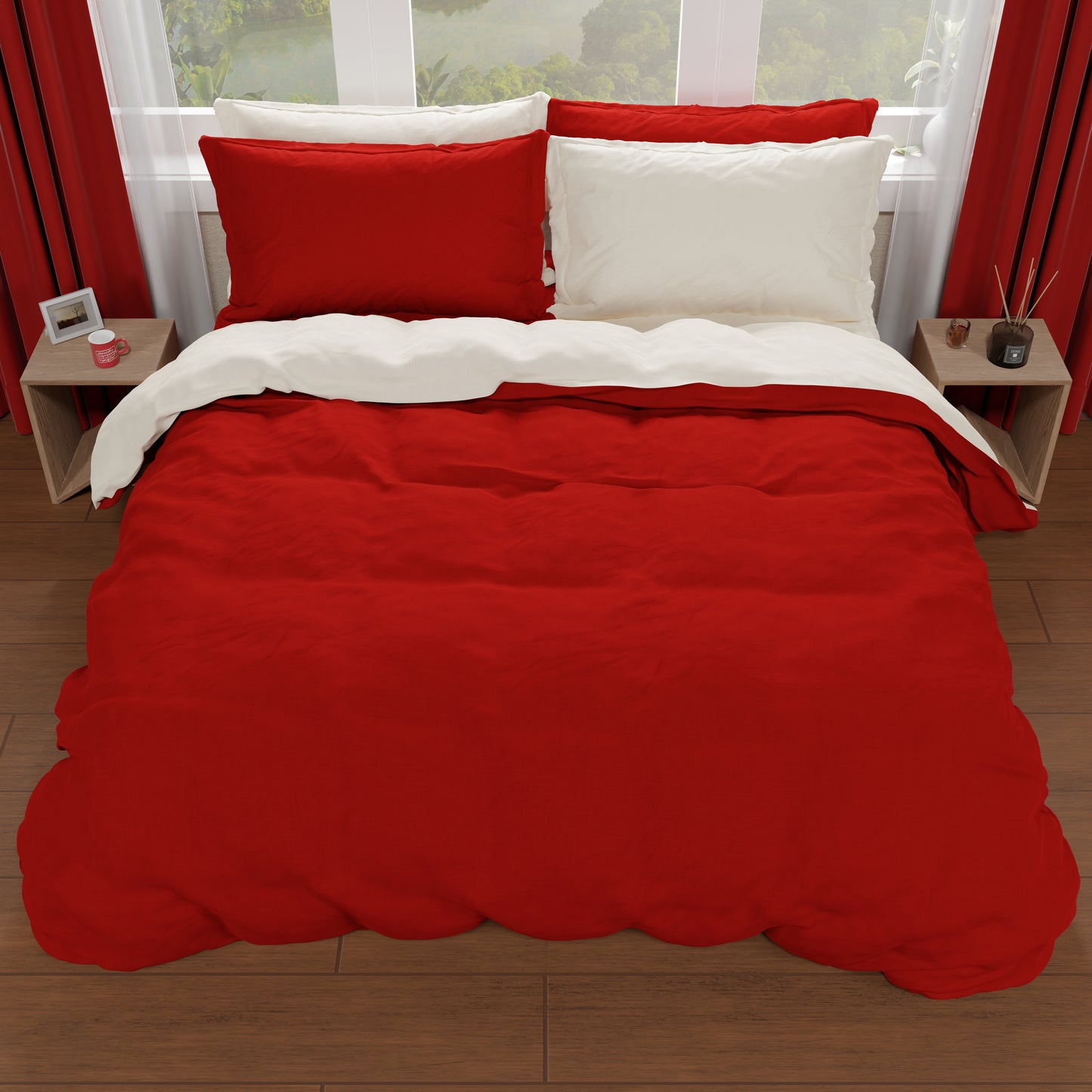 Housse de Couette Double, Housse de Couette et Taies d'Oreiller, Crème/Bordeaux