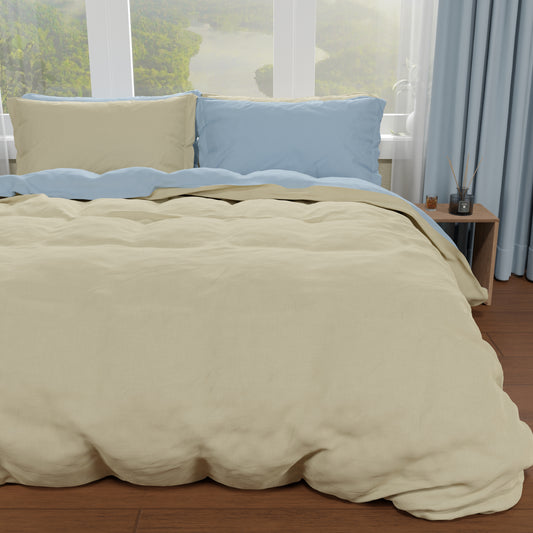 Housse de Couette Double, Housse de Couette et Taies d'Oreiller, Taupe/Céleste