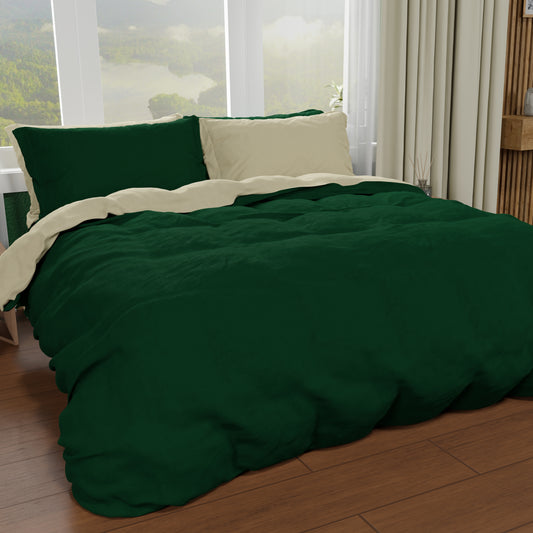 Housse de Couette Double, Housse de Couette et Taies d'Oreiller, Taupe/Vert Émeraude