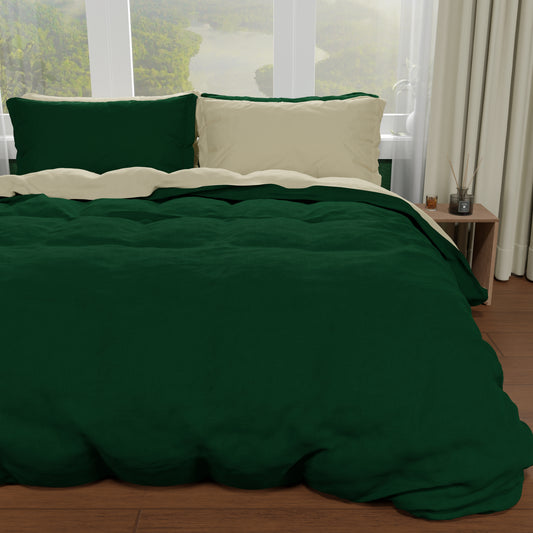 Housse de Couette Double, Housse de Couette et Taies d'Oreiller, Taupe/Vert Émeraude