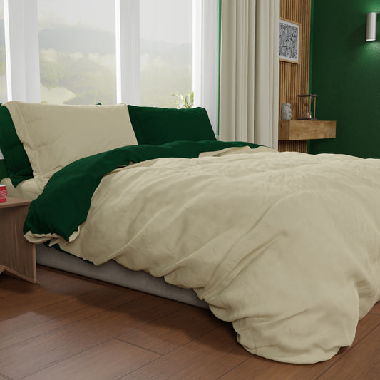Housse de Couette Double, Housse de Couette et Taies d'Oreiller, Taupe/Vert Émeraude