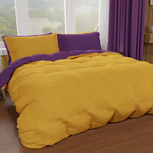 Housse de Couette Double, Housse de Couette et Taies d'Oreiller, Violet/Jaune Ocre