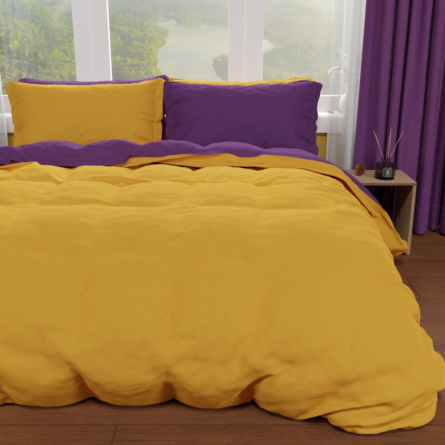 Housse de Couette Double, Housse de Couette et Taies d'Oreiller, Violet/Jaune Ocre