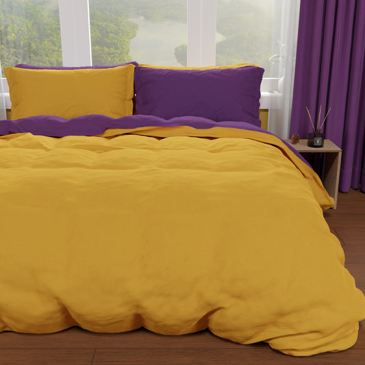 Housse de Couette Double, Housse de Couette et Taies d'Oreiller, Violet/Jaune Ocre