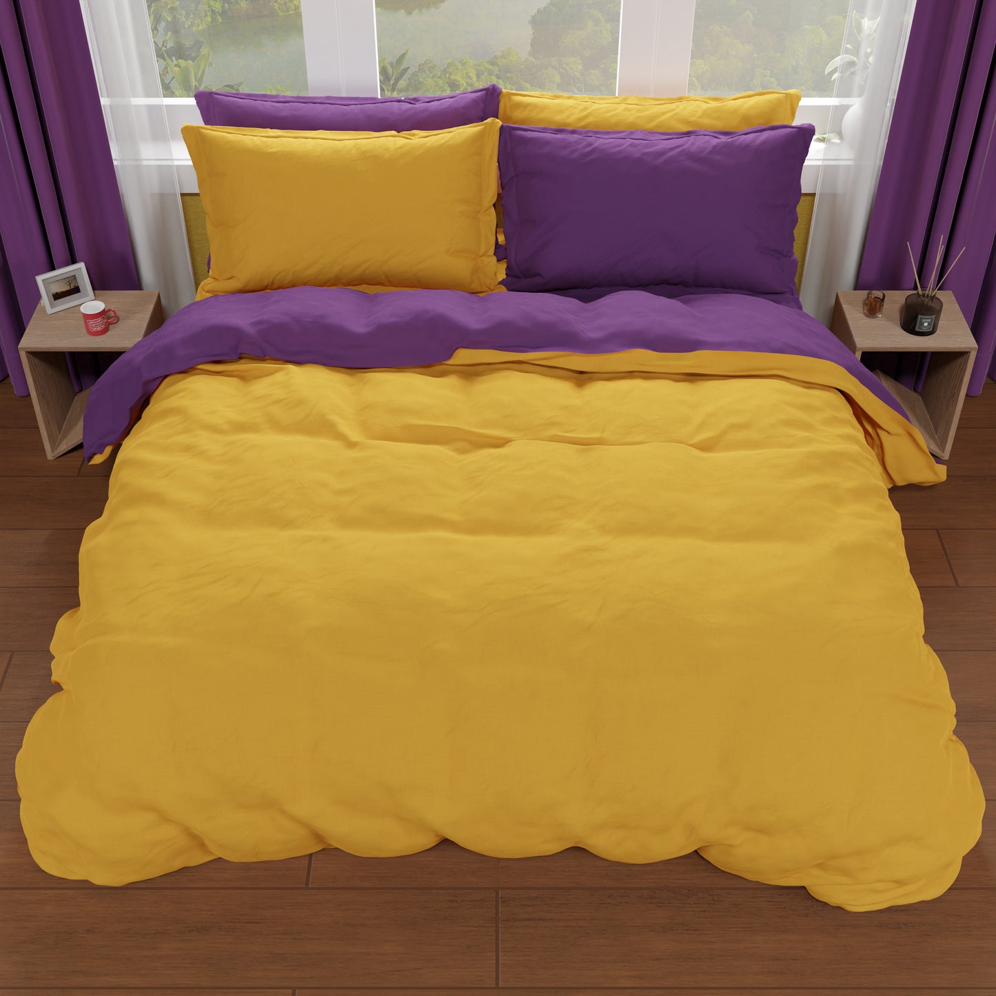 Housse de Couette Double, Housse de Couette et Taies d'Oreiller, Violet/Jaune Ocre
