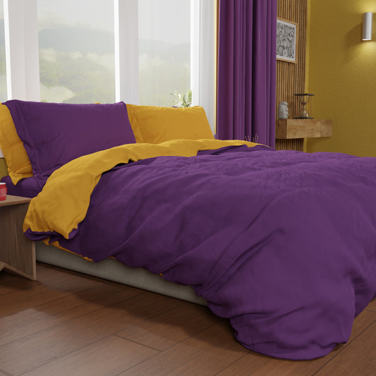 Housse de Couette Double, Housse de Couette et Taies d'Oreiller, Violet/Jaune Ocre