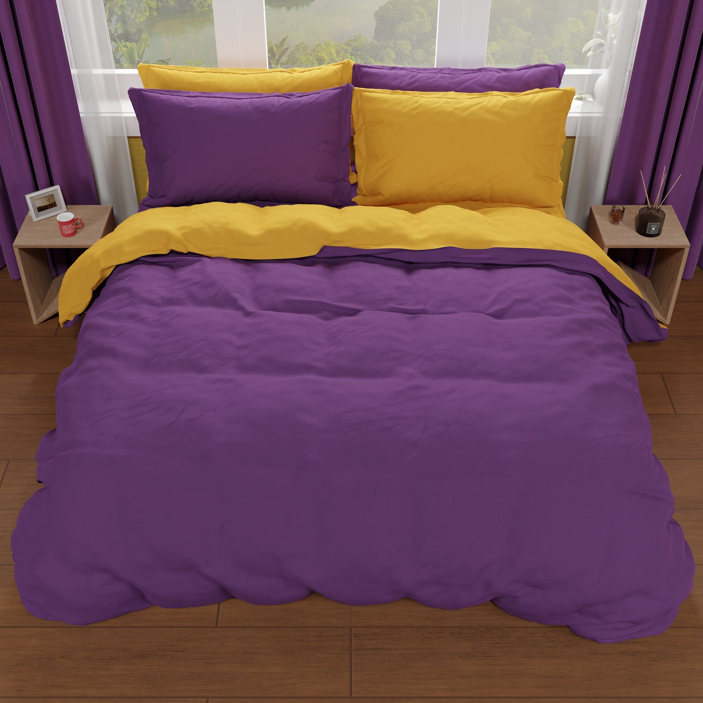Housse de Couette Double, Housse de Couette et Taies d'Oreiller, Violet/Jaune Ocre