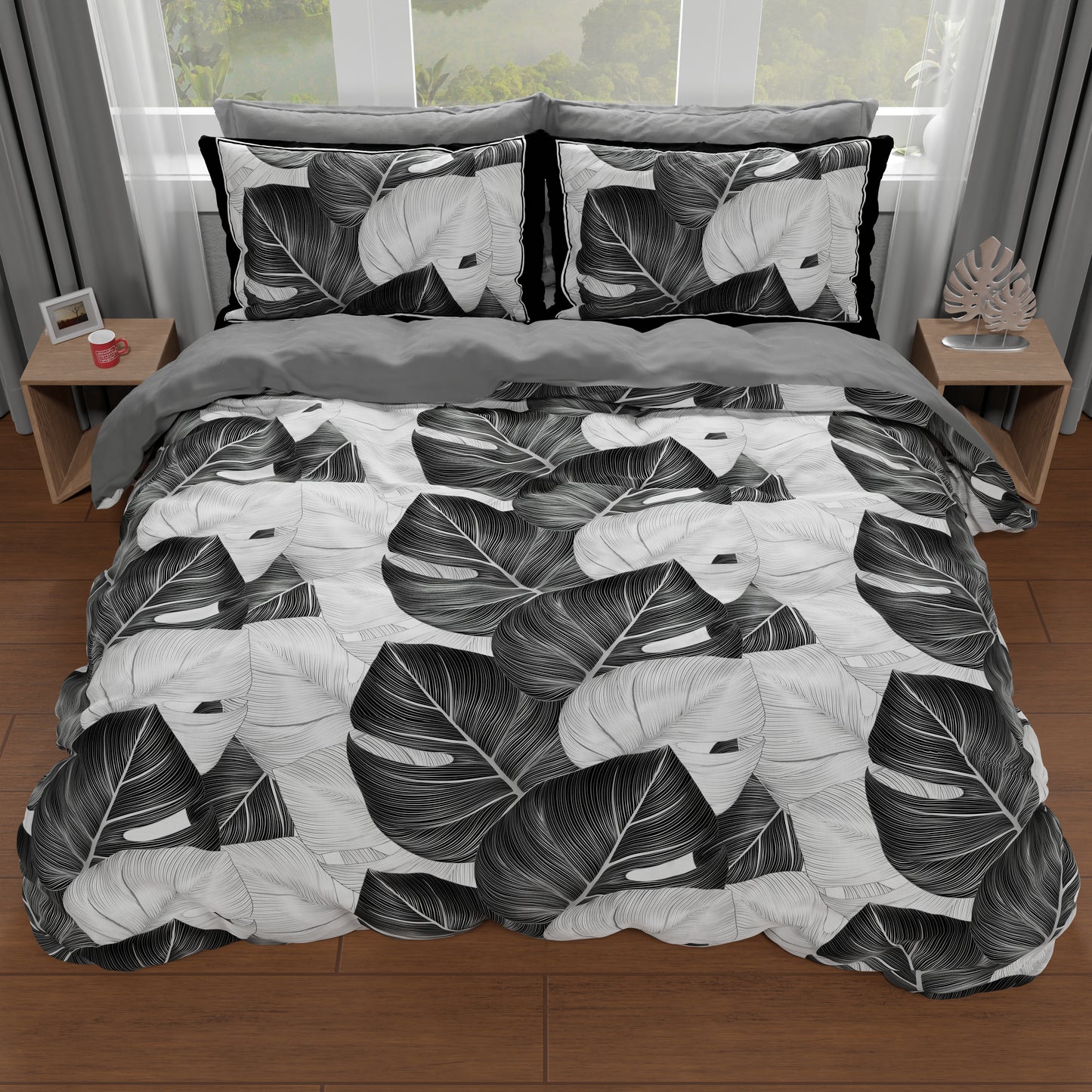 Housse de couette double, simple, une place et demie, Tropical Noir Argent