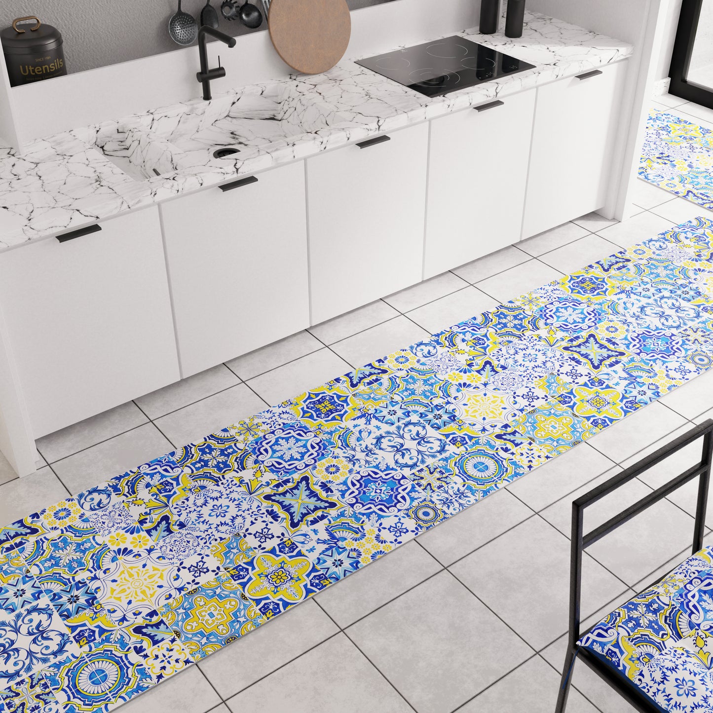 Tapis de cuisine antidérapant moderne couloir de cuisine lavable Vietri 02 Bleu