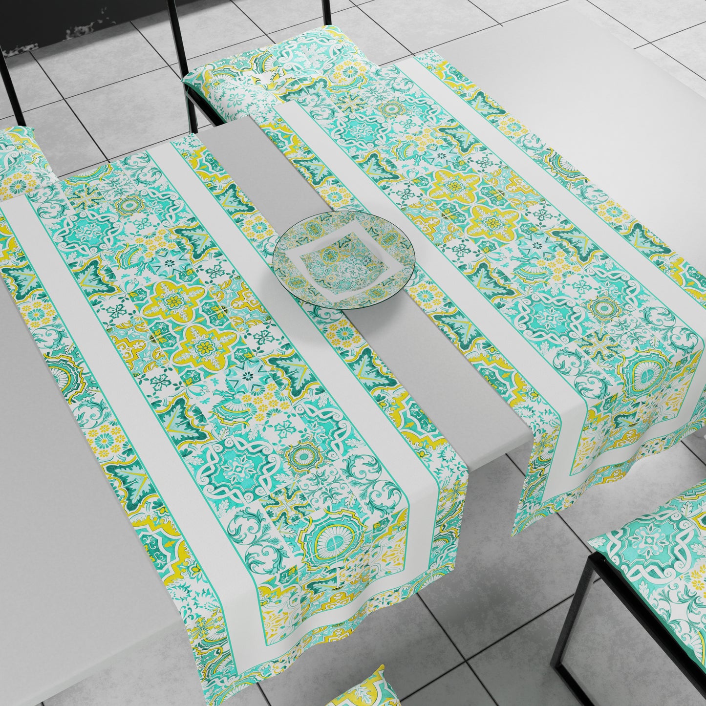 Geometric Table Runner, Geometric Table Runner, Kitchen Runner Vietri 02 Water Green